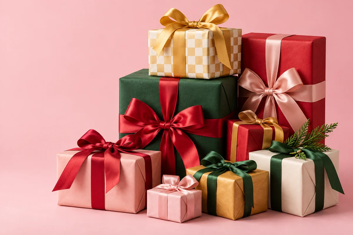 Colourful Christmas presents wrapped in red, green, pink and gold with generous ribbon bows